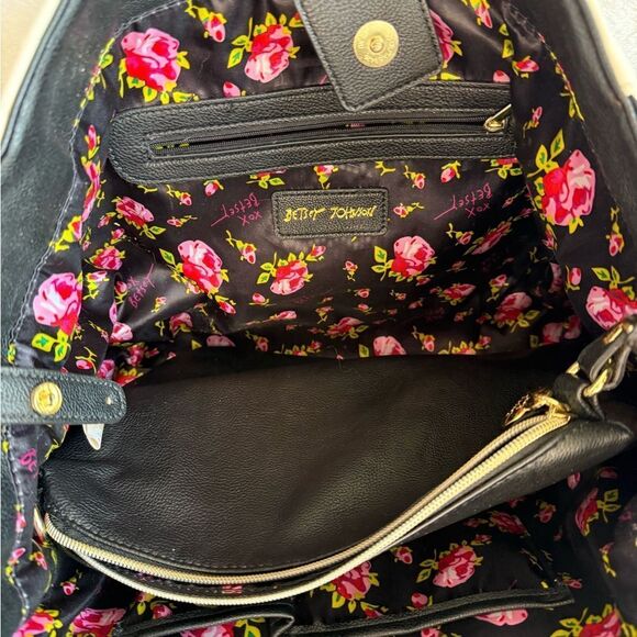 Betsey Johnson Black and White Floral Tote with Metal Embellishments - Picture 9 of 12